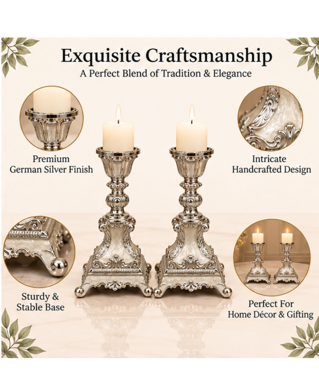 German Silver Candle Stand Set of 2 – Pearl White Enamel