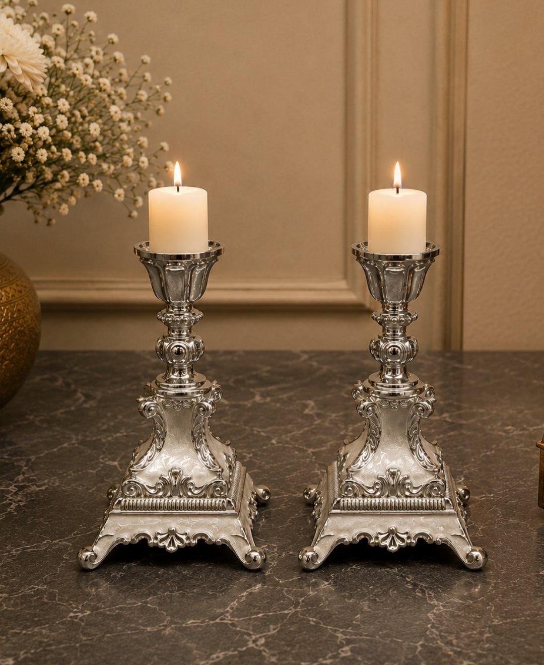 German Silver Candle Stand Set of 2 – Pearl White Enamel