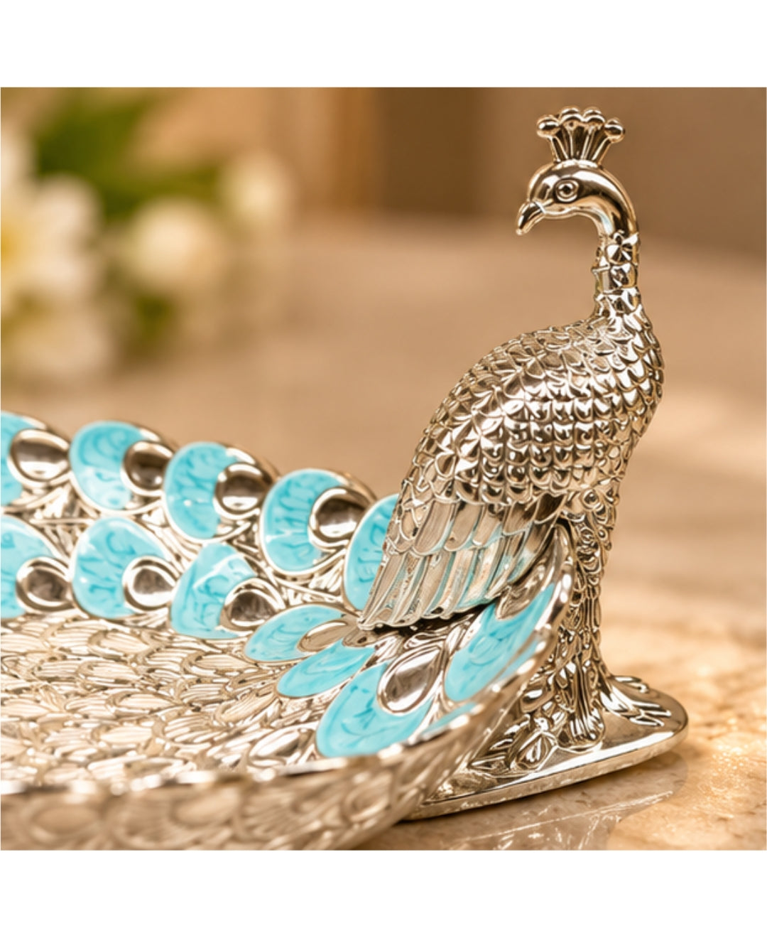 German Silver Peacock Platter – Sky Blue Enamel