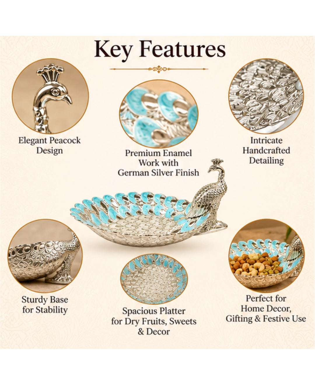 German Silver Peacock Platter – Sky Blue Enamel