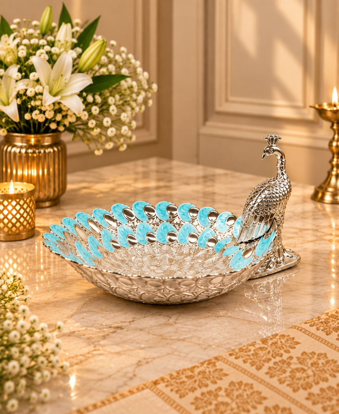 German Silver Peacock Platter – Sky Blue Enamel