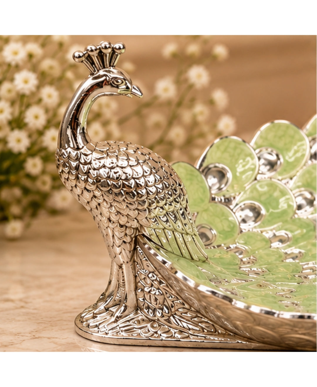 German Silver Peacock Platter – Mint Green Enamel