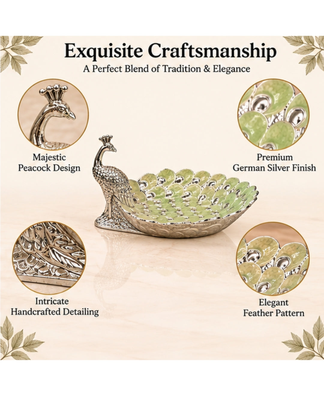 German Silver Peacock Platter – Mint Green Enamel