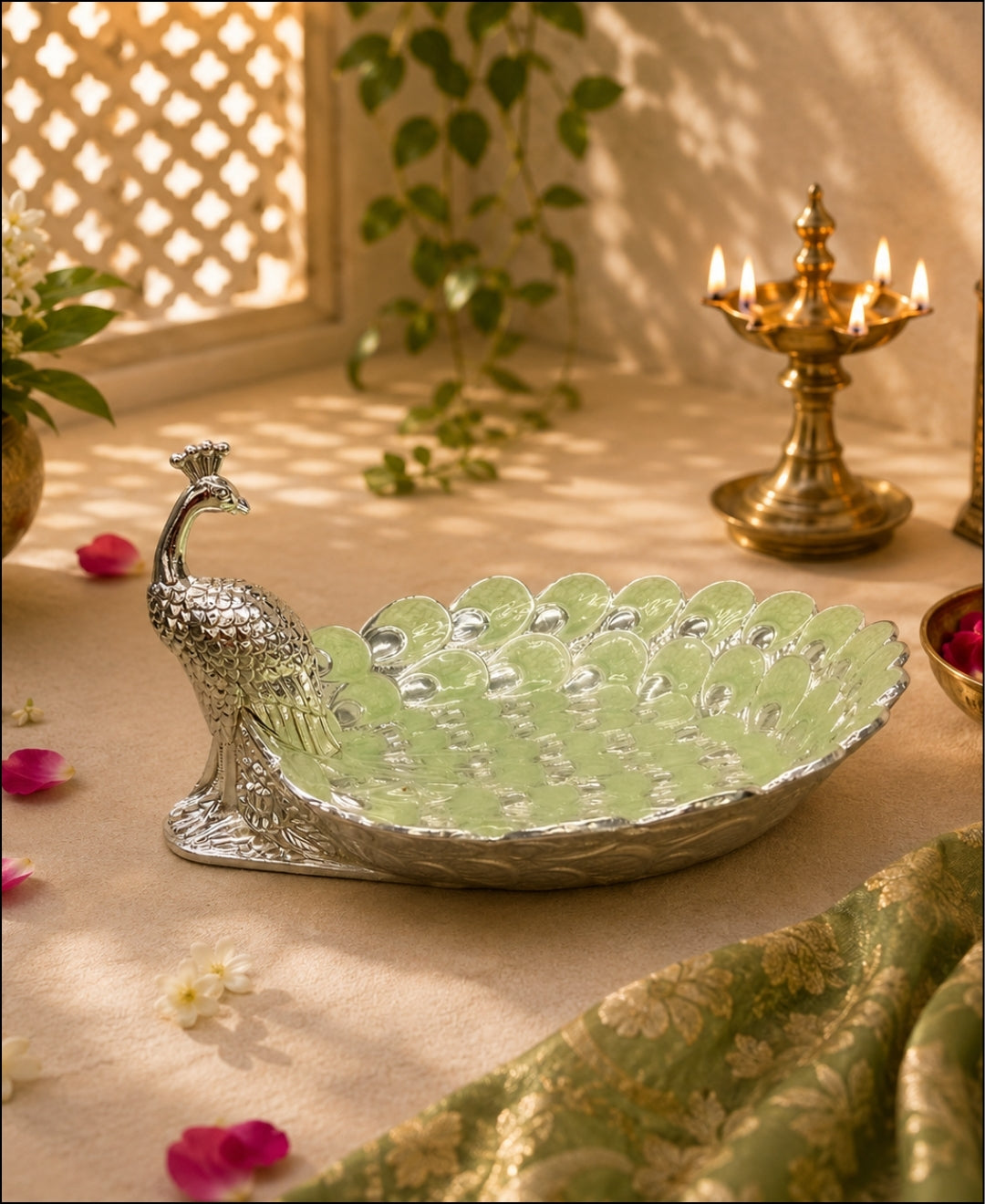 German Silver Peacock Platter – Mint Green Enamel
