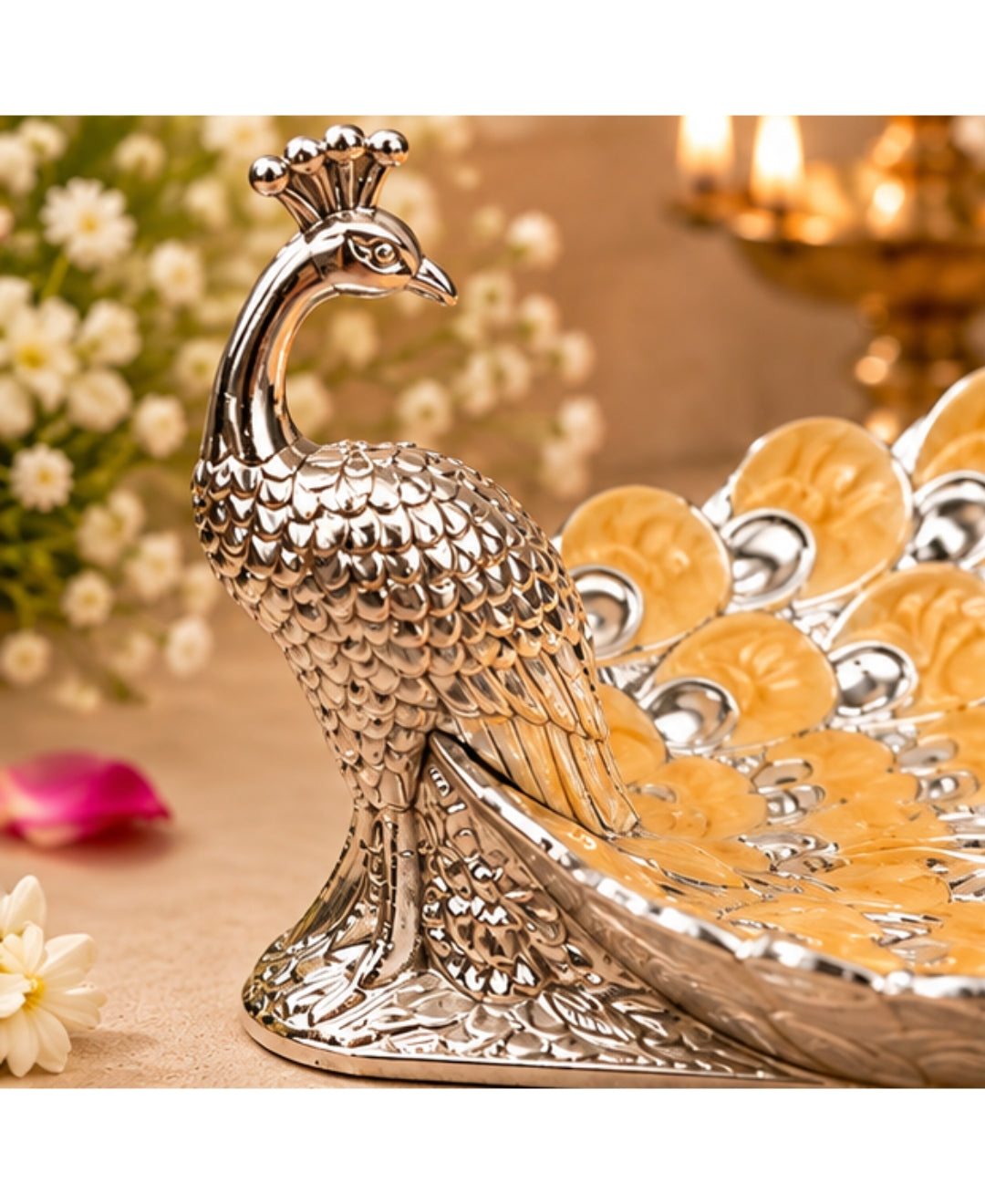 German Silver Peacock Platter – Saffron Orange Enamel