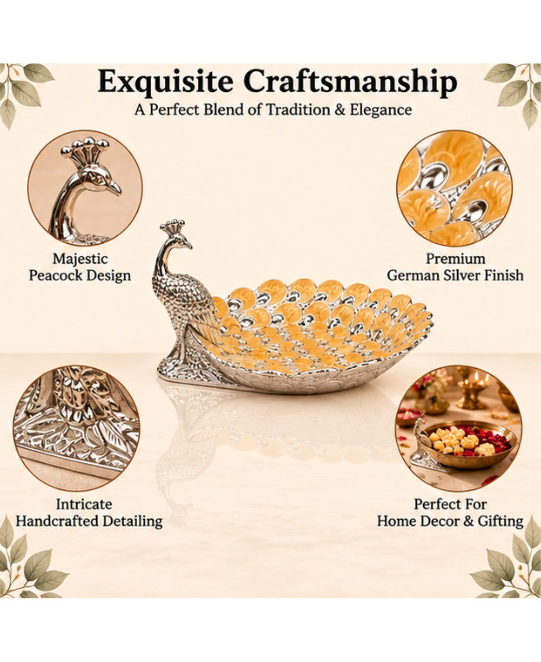 German Silver Peacock Platter – Saffron Orange Enamel