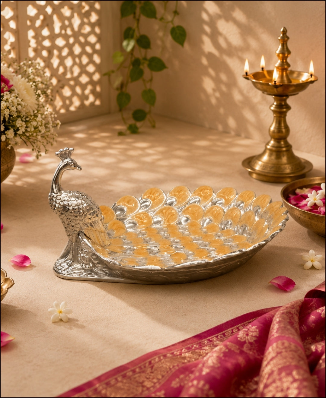 German Silver Peacock Platter – Saffron Orange Enamel