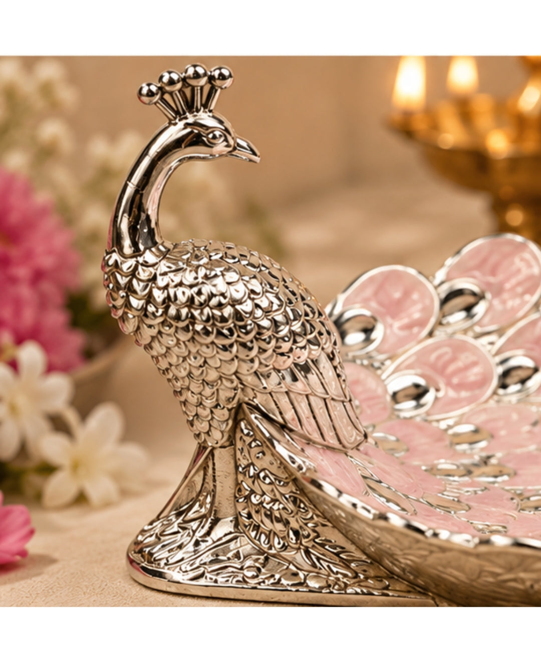 German Silver Peacock Platter – Lilac Pink Enamel