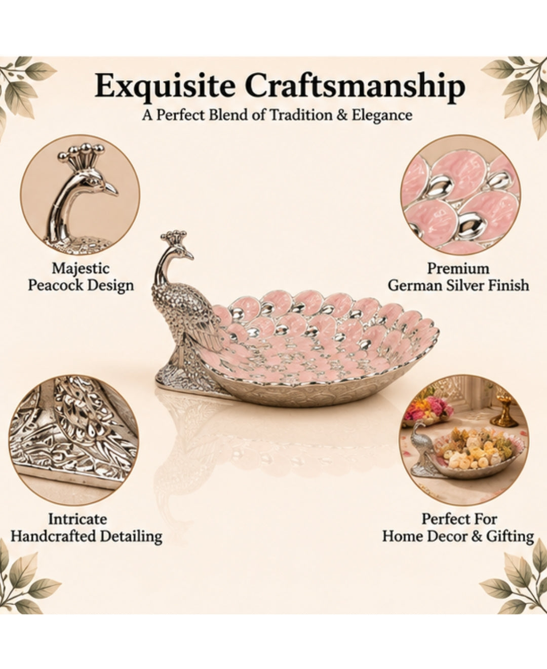 German Silver Peacock Platter – Lilac Pink Enamel