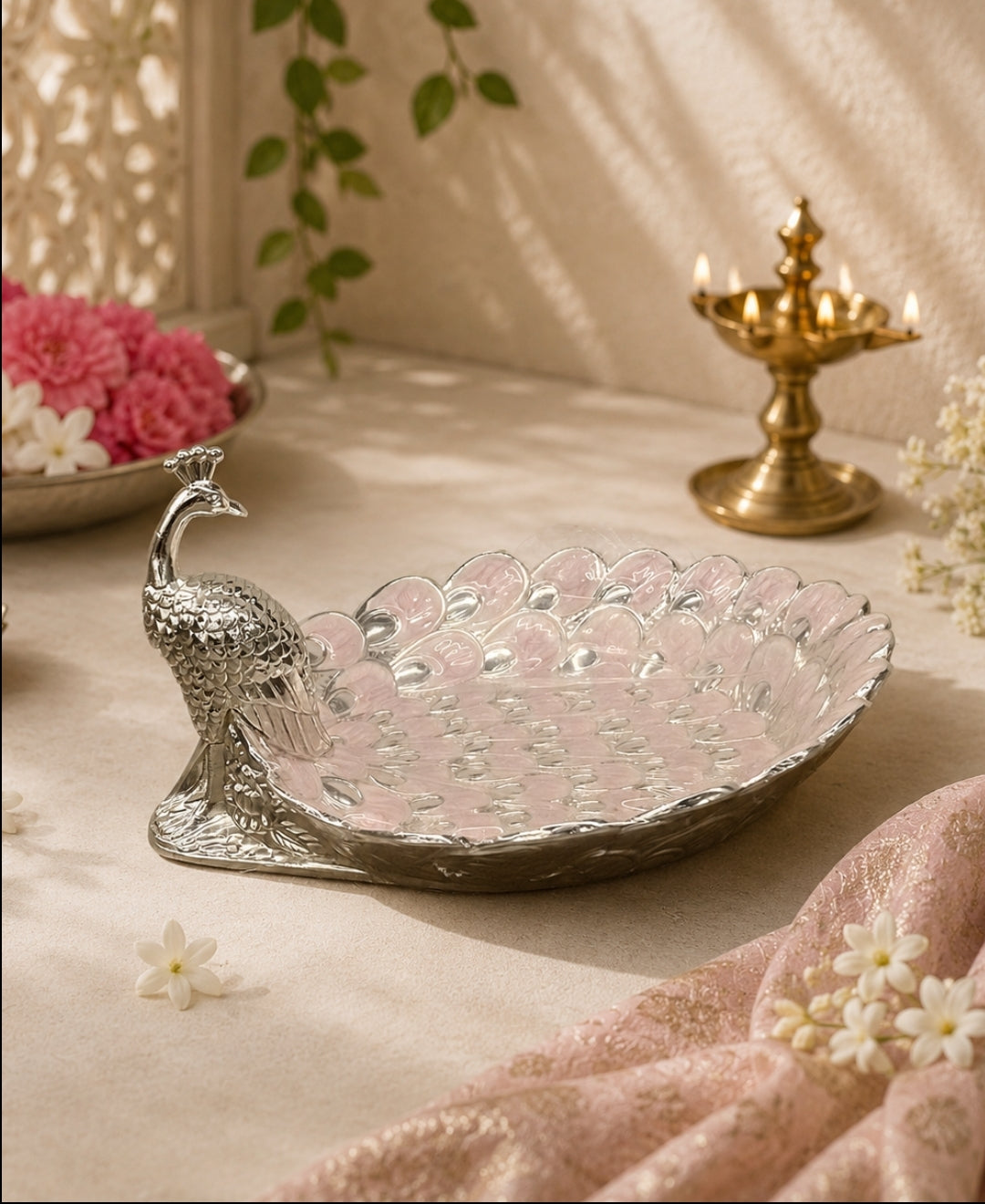 German Silver Peacock Platter – Lilac Pink Enamel