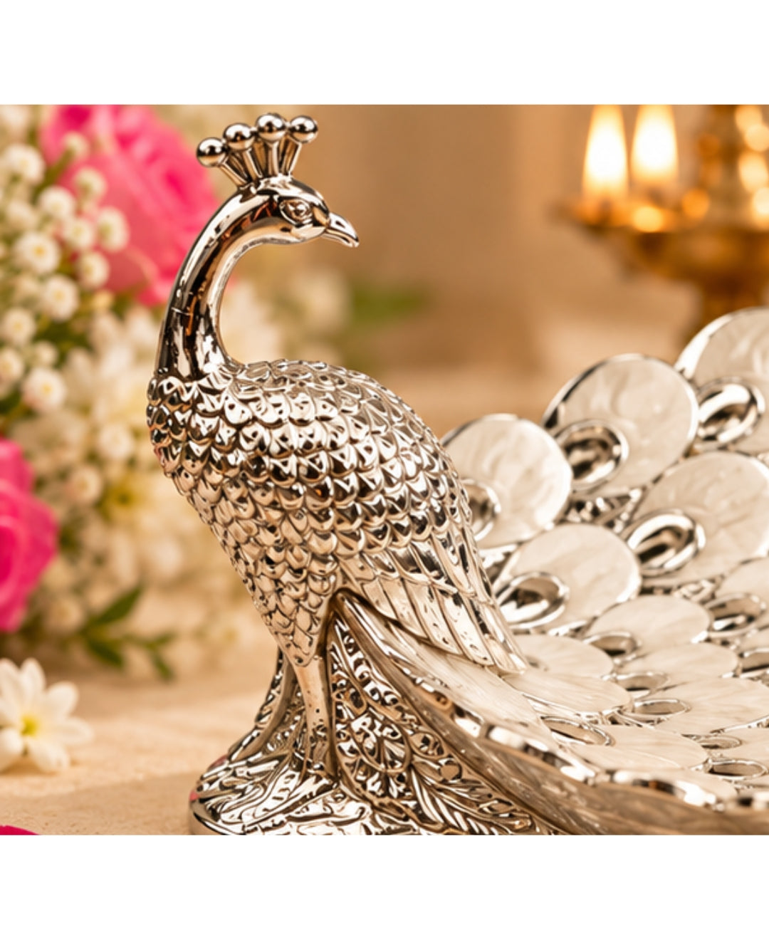 German Silver Peacock Platter – Pearl White Enamel