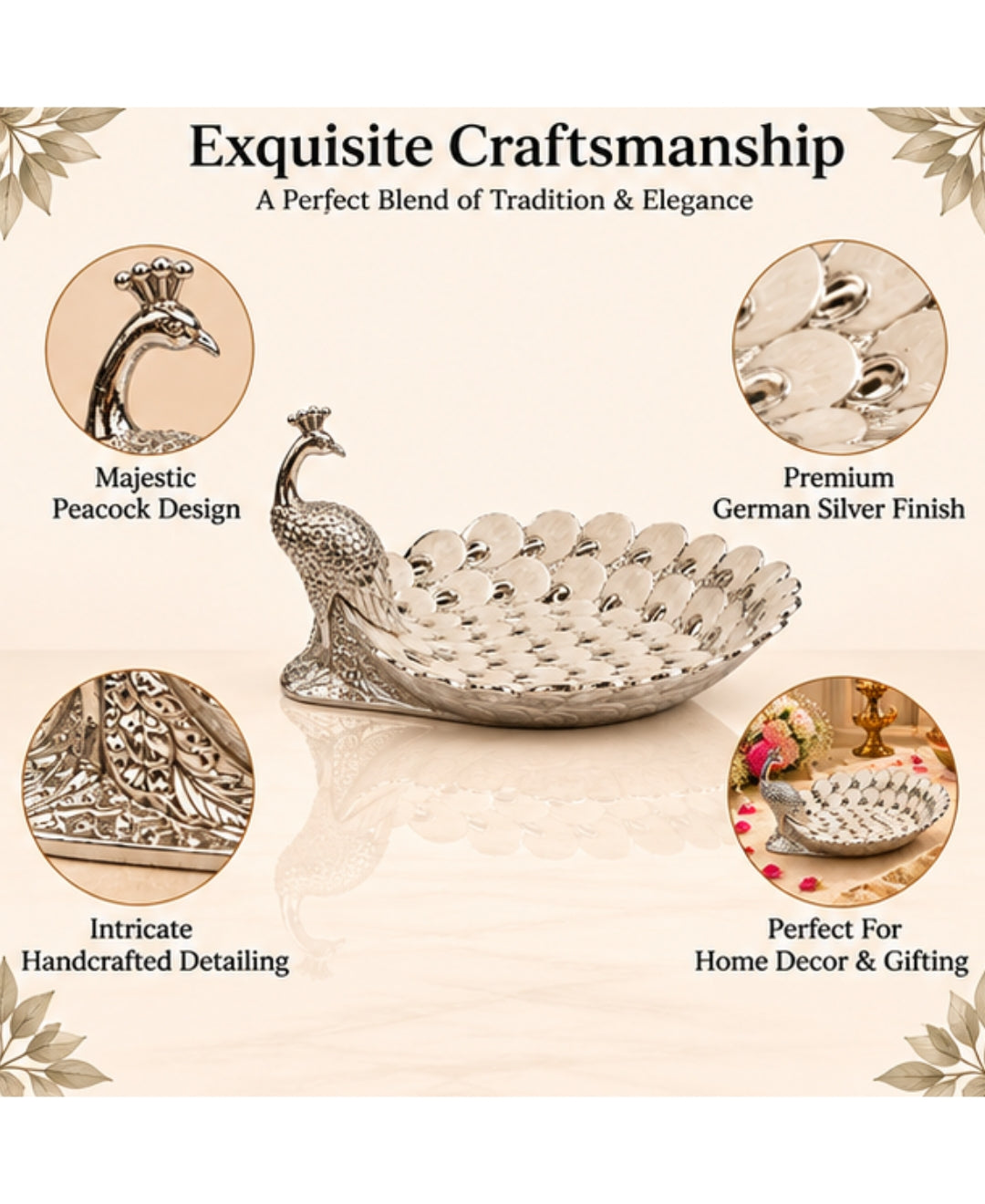 German Silver Peacock Platter – Pearl White Enamel