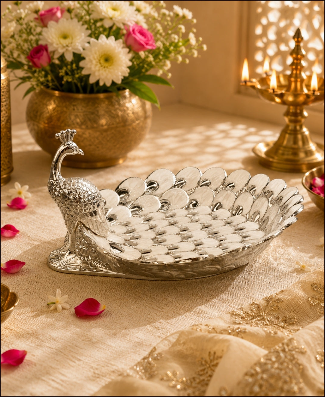 German Silver Peacock Platter – Pearl White Enamel