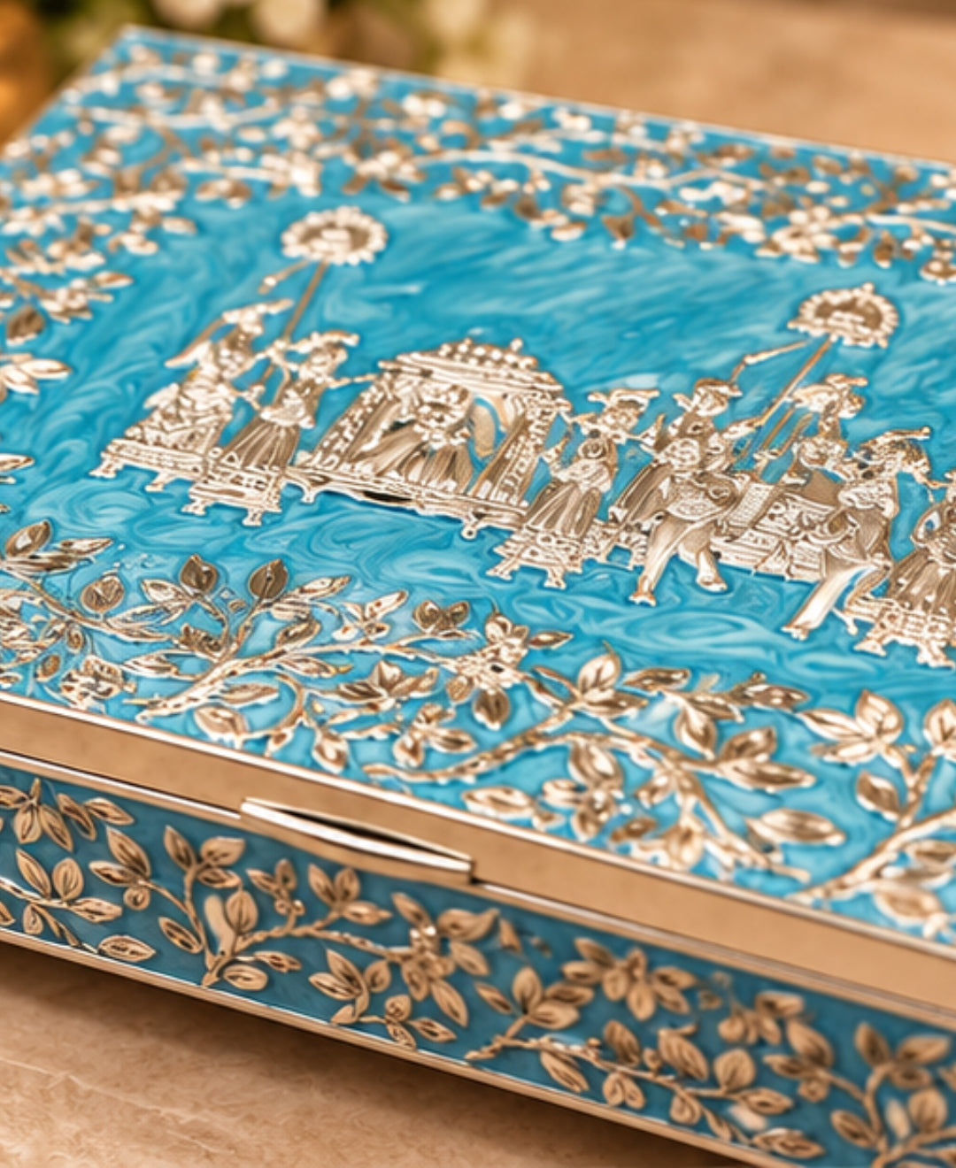 German Silver Gulbahar Baraat Box – Sky Blue Enamel