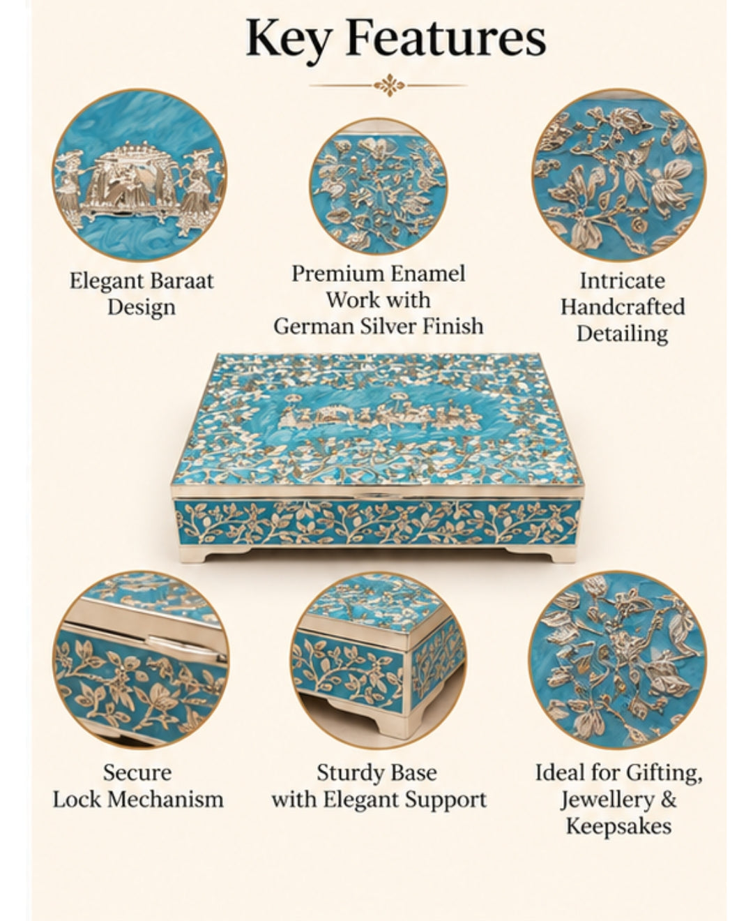German Silver Gulbahar Baraat Box – Sky Blue Enamel