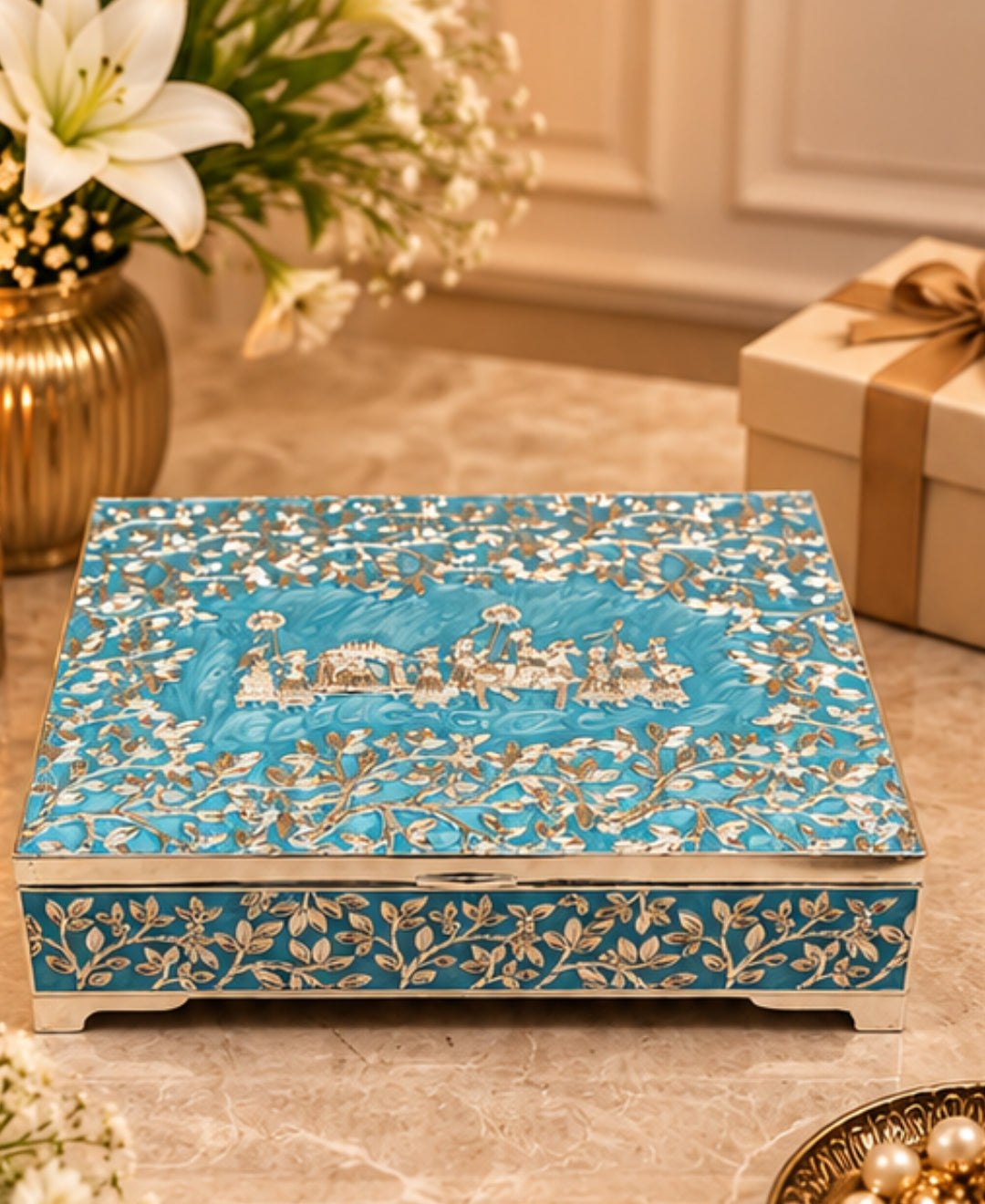 German Silver Gulbahar Baraat Box – Sky Blue Enamel