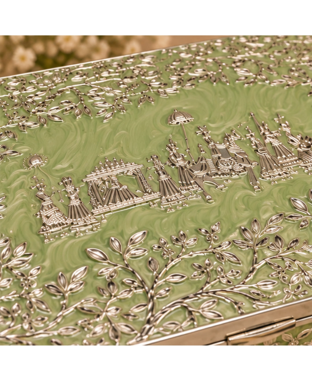 German Silver Gulbahar Baraat Box – Mint Green Enamel