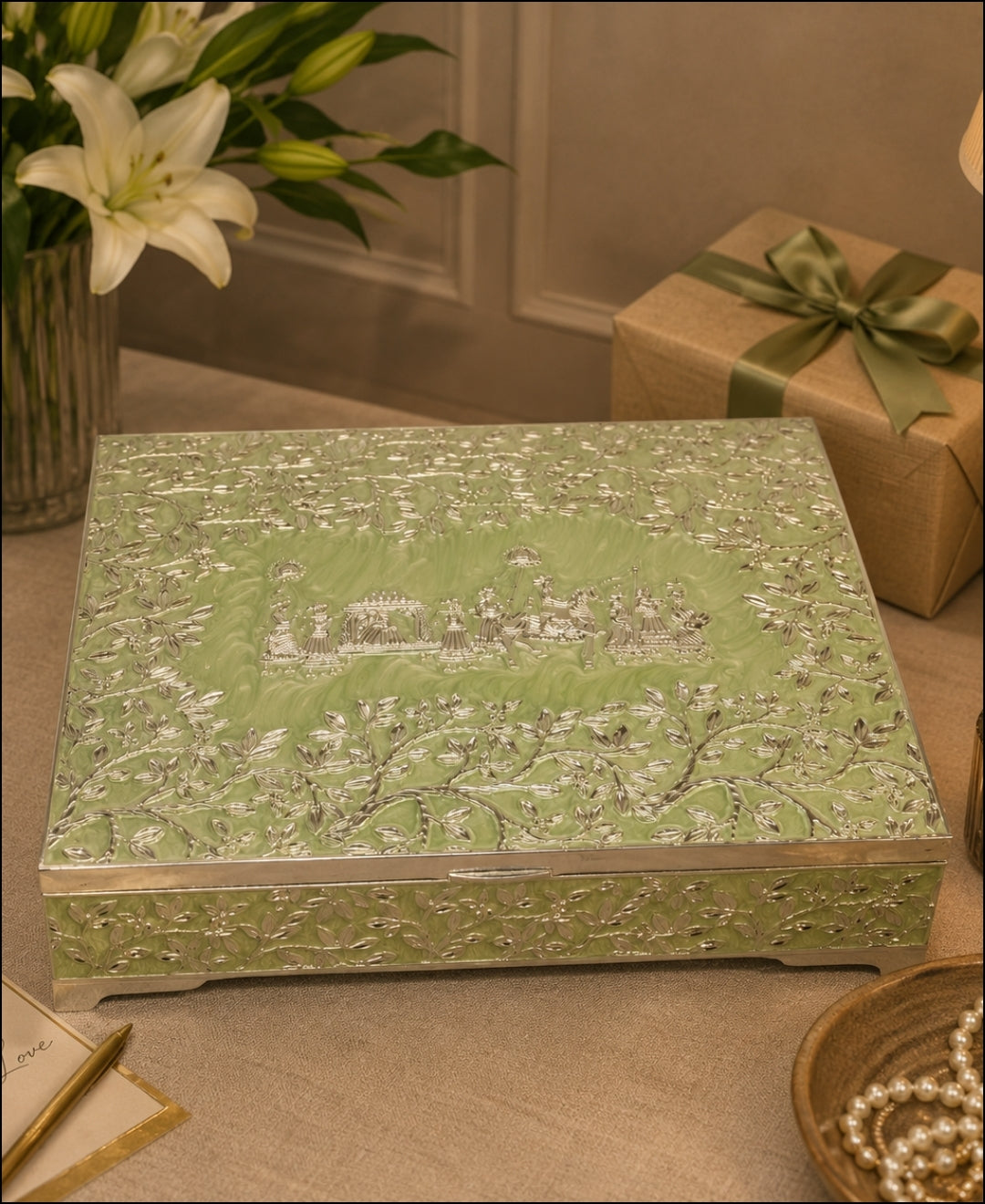 German Silver Gulbahar Baraat Box – Mint Green Enamel