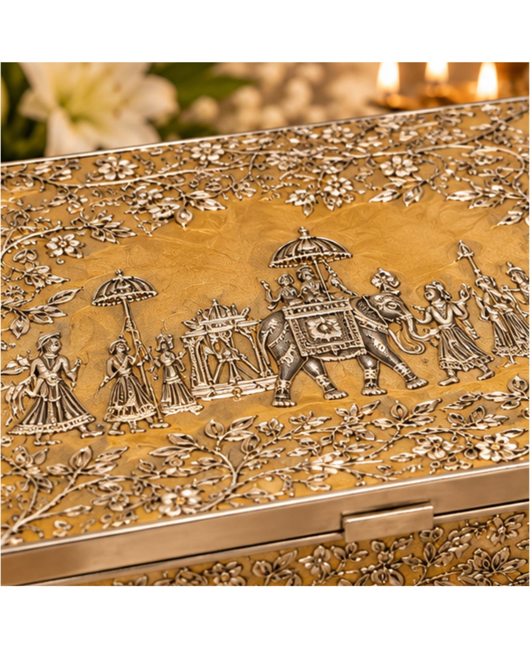 German Silver Gulbahar Baraat Box – Saffron Orange Enamel