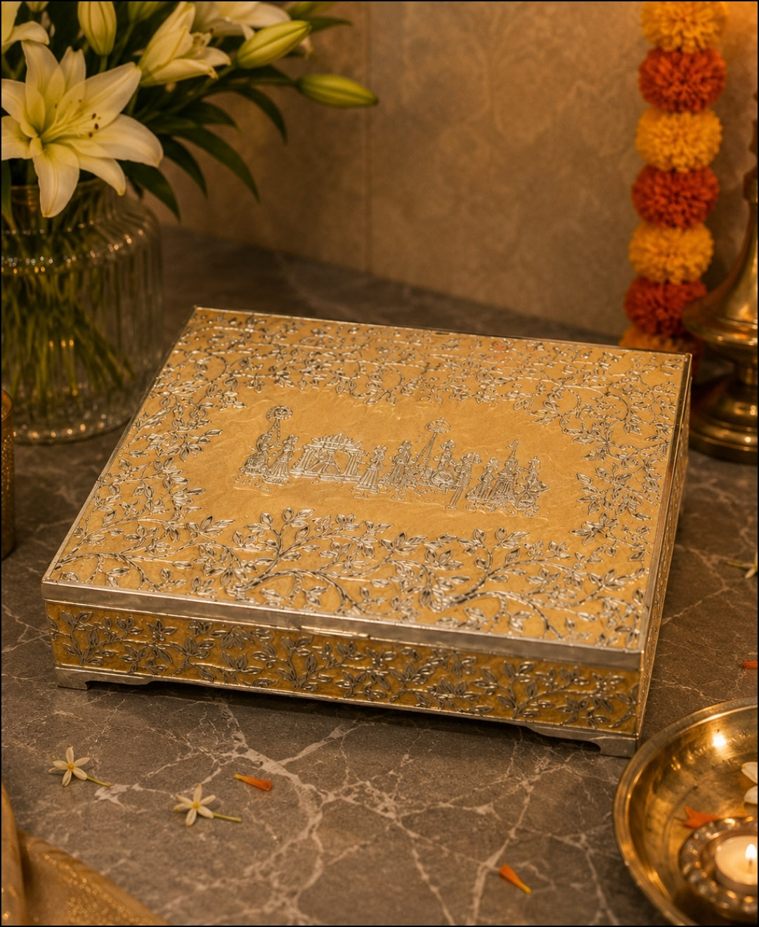 German Silver Gulbahar Baraat Box – Saffron Orange Enamel