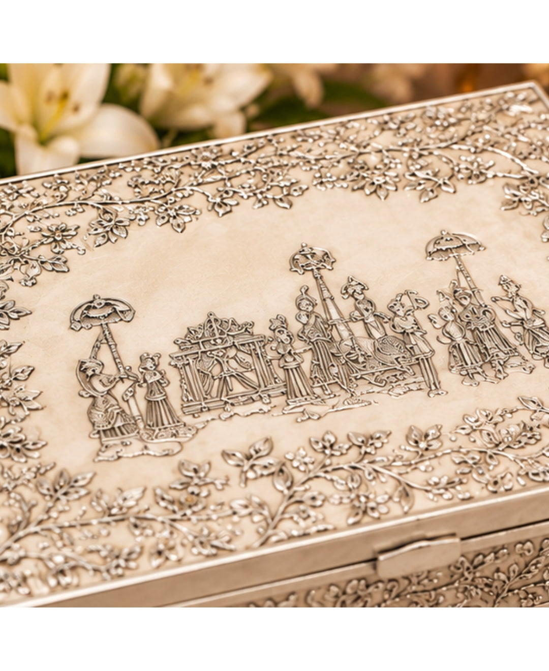German Silver Gulbahar Baraat Box – Pearl White Enamel