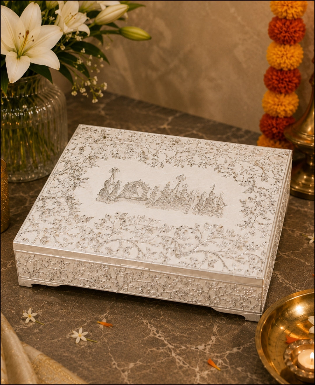 German Silver Gulbahar Baraat Box – Pearl White Enamel