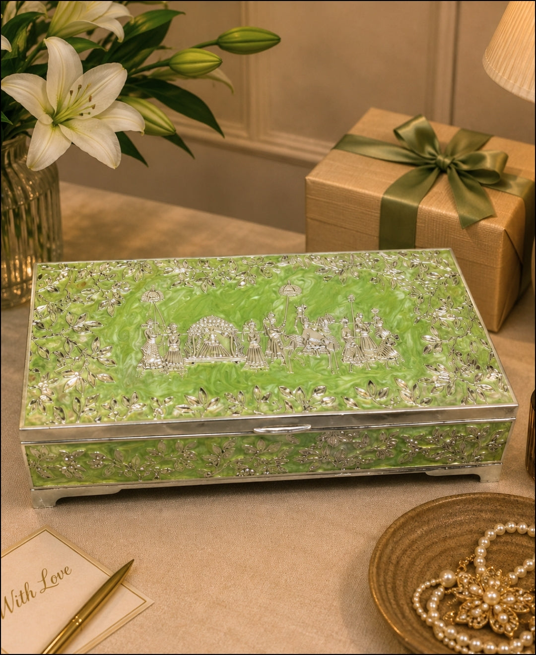 German Silver Royal Procession Box – Mint Green Enamel