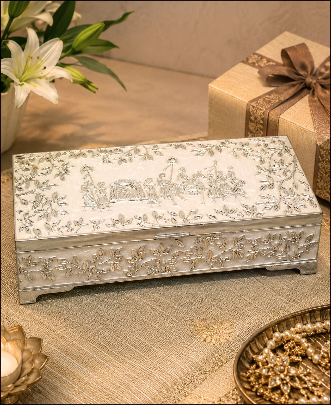 German Silver Royal Procession Box – Pearl White Enamel