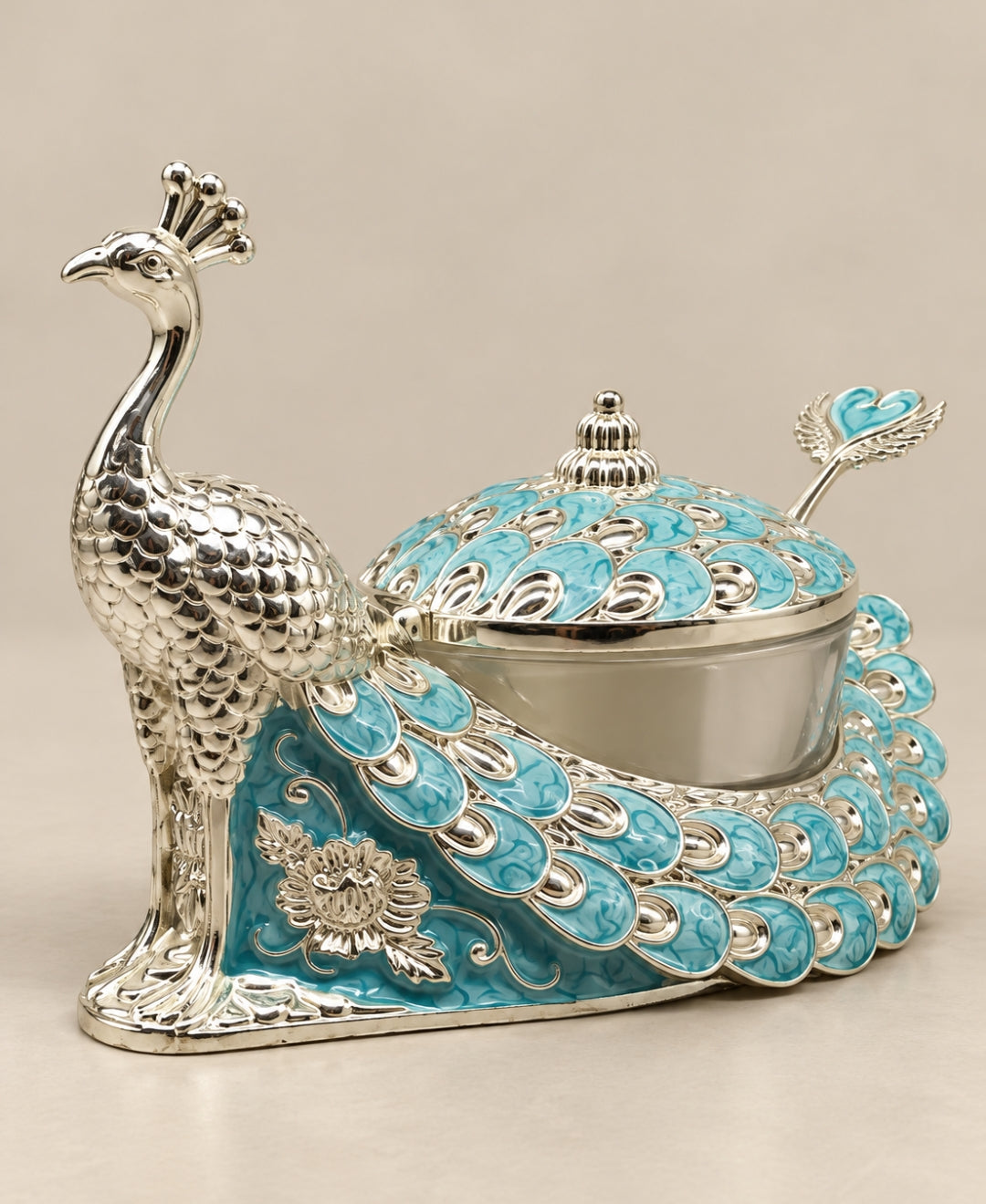 German Silver Peacock Bowl with Lid & Spoon – Sky Blue Enamel