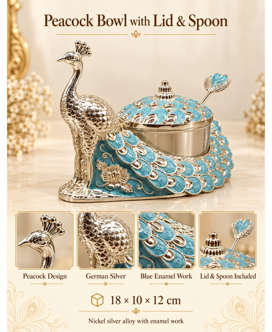 German Silver Peacock Bowl with Lid & Spoon – Sky Blue Enamel