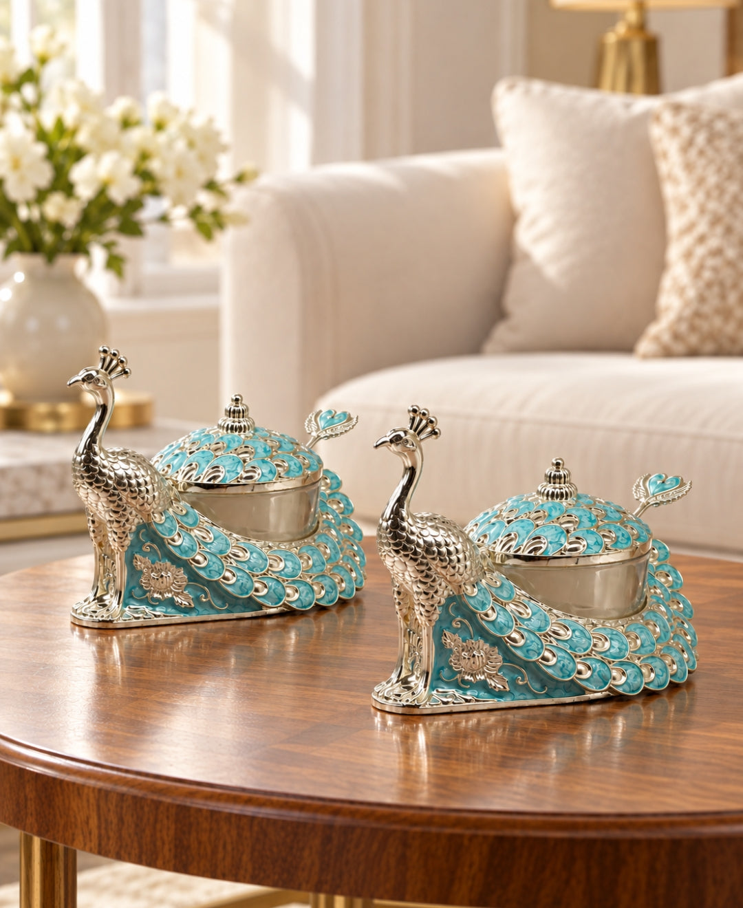 German Silver Peacock Bowl with Lid & Spoon – Sky Blue Enamel