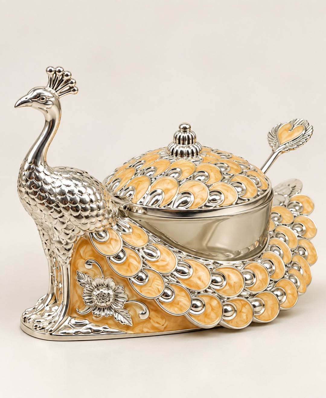 German Silver Peacock Bowl with Lid & Spoon – Saffron Orange Enamel