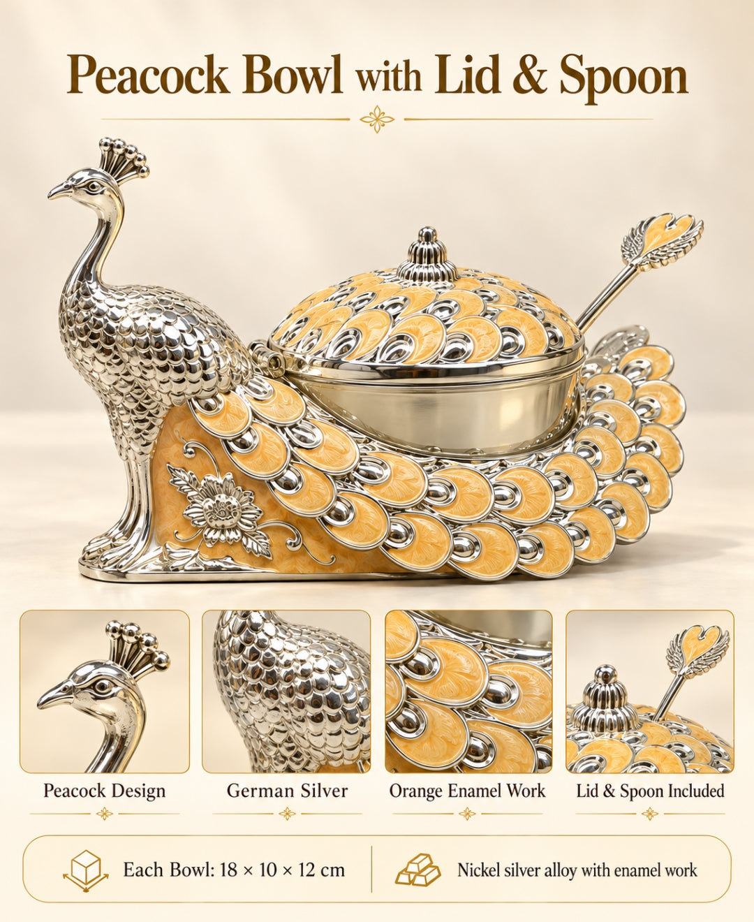 German Silver Peacock Bowl with Lid & Spoon – Saffron Orange Enamel