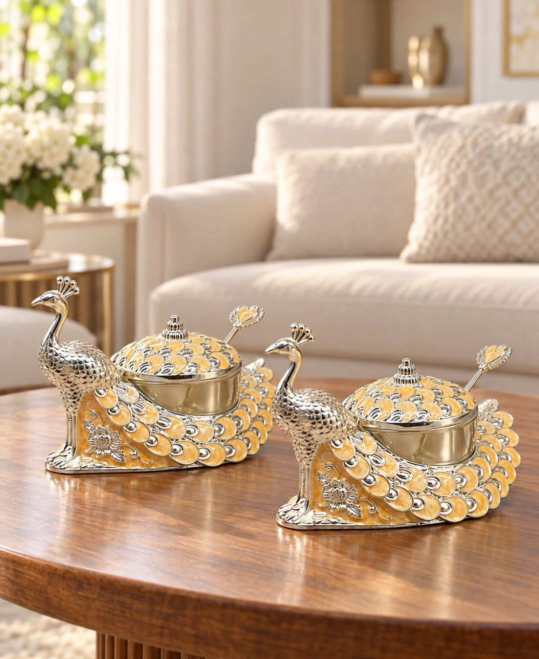 German Silver Peacock Bowl with Lid & Spoon – Saffron Orange Enamel
