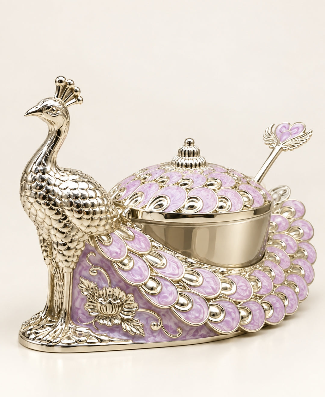 German Silver Peacock Bowl with Lid & Spoon – Lilac Pink Enamel