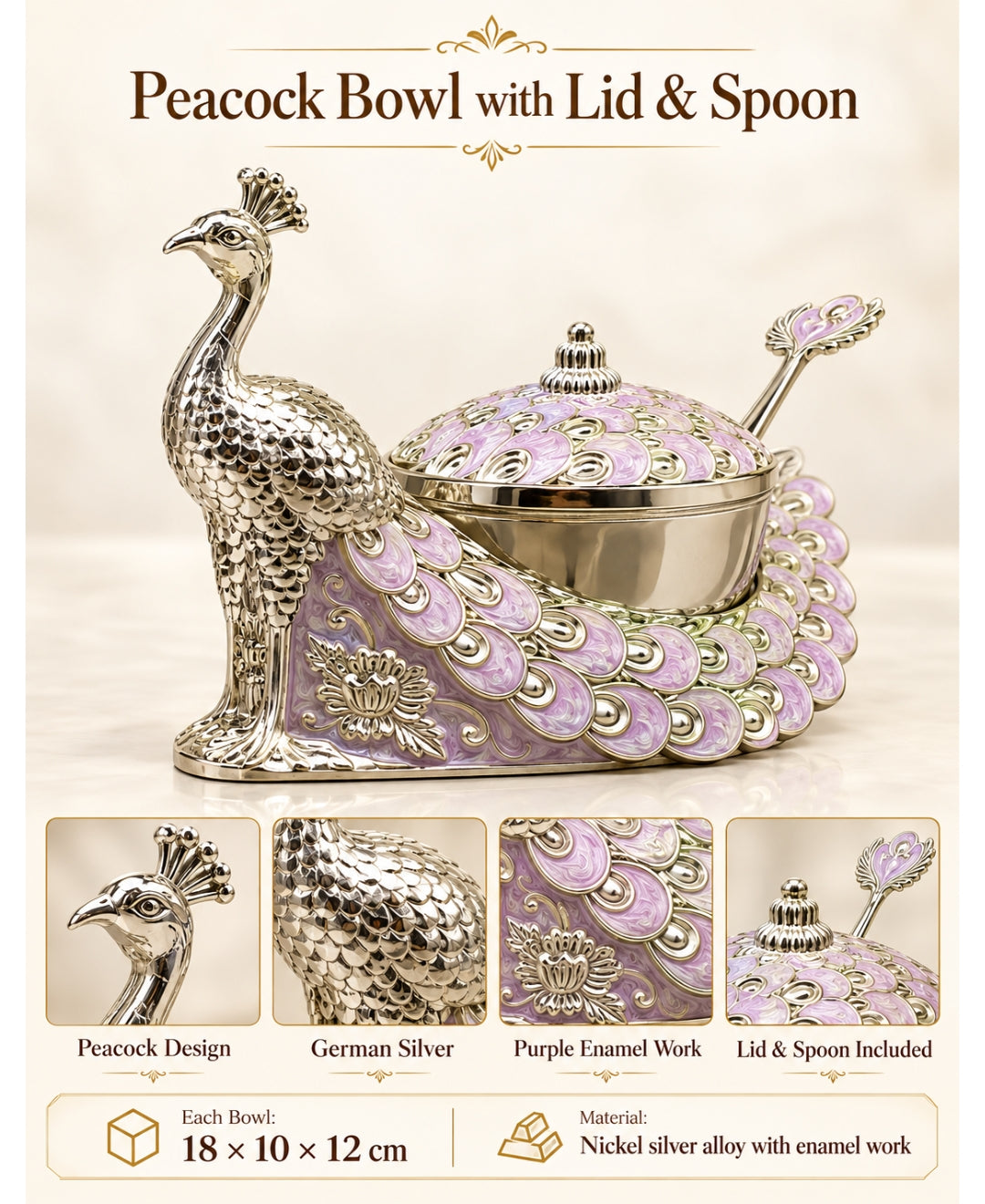 German Silver Peacock Bowl with Lid & Spoon – Lilac Pink Enamel