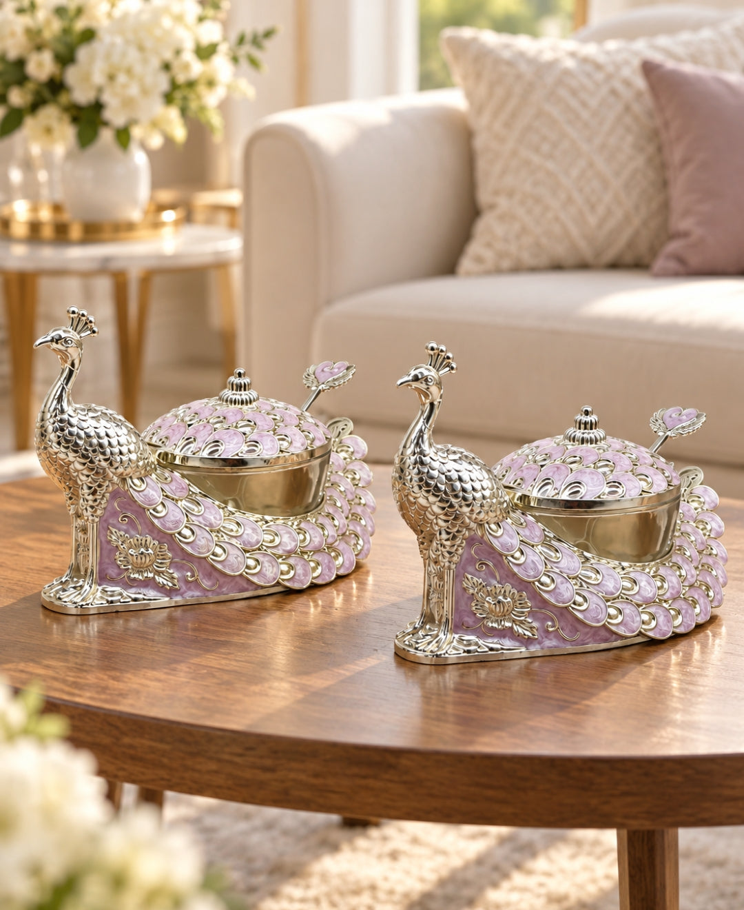 German Silver Peacock Bowl with Lid & Spoon – Lilac Pink Enamel