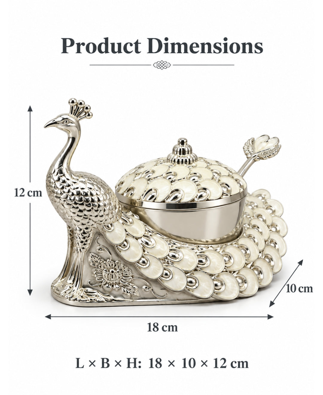 German Silver Peacock Bowl with Lid & Spoon – Pearl White Enamel