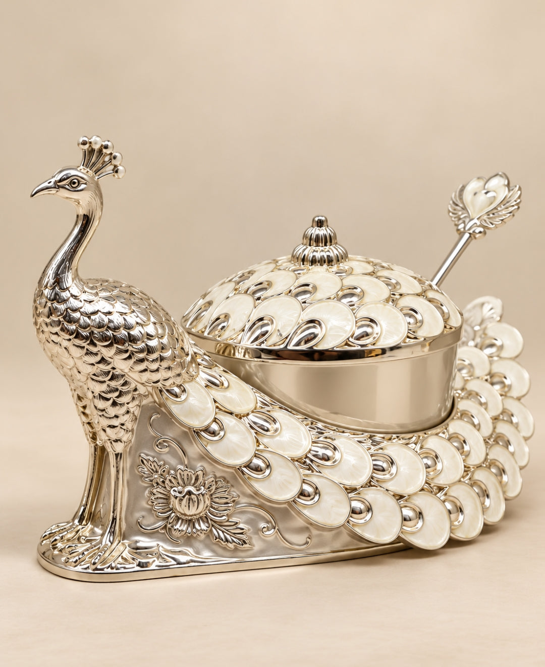 German Silver Peacock Bowl with Lid & Spoon – Pearl White Enamel