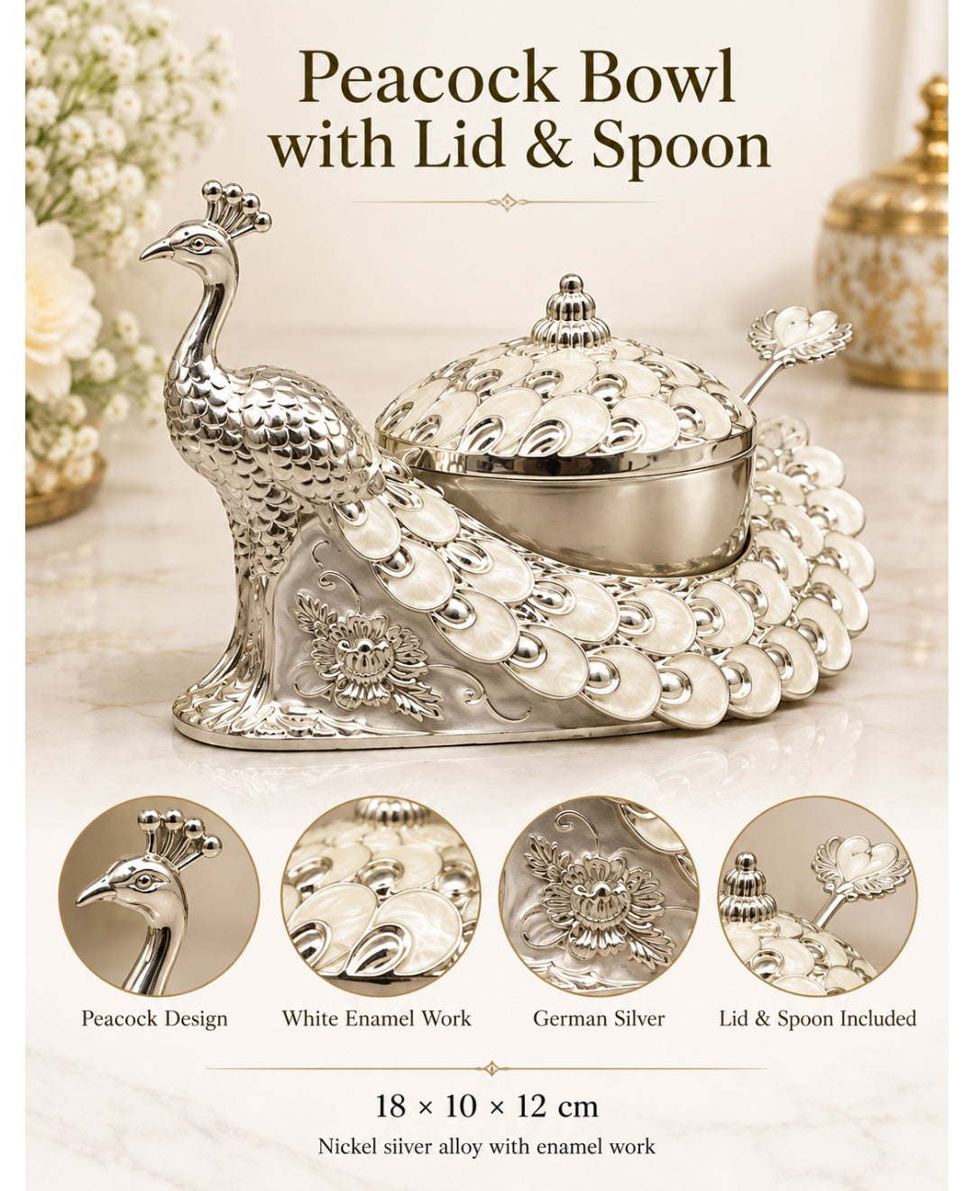 German Silver Peacock Bowl with Lid & Spoon – Pearl White Enamel
