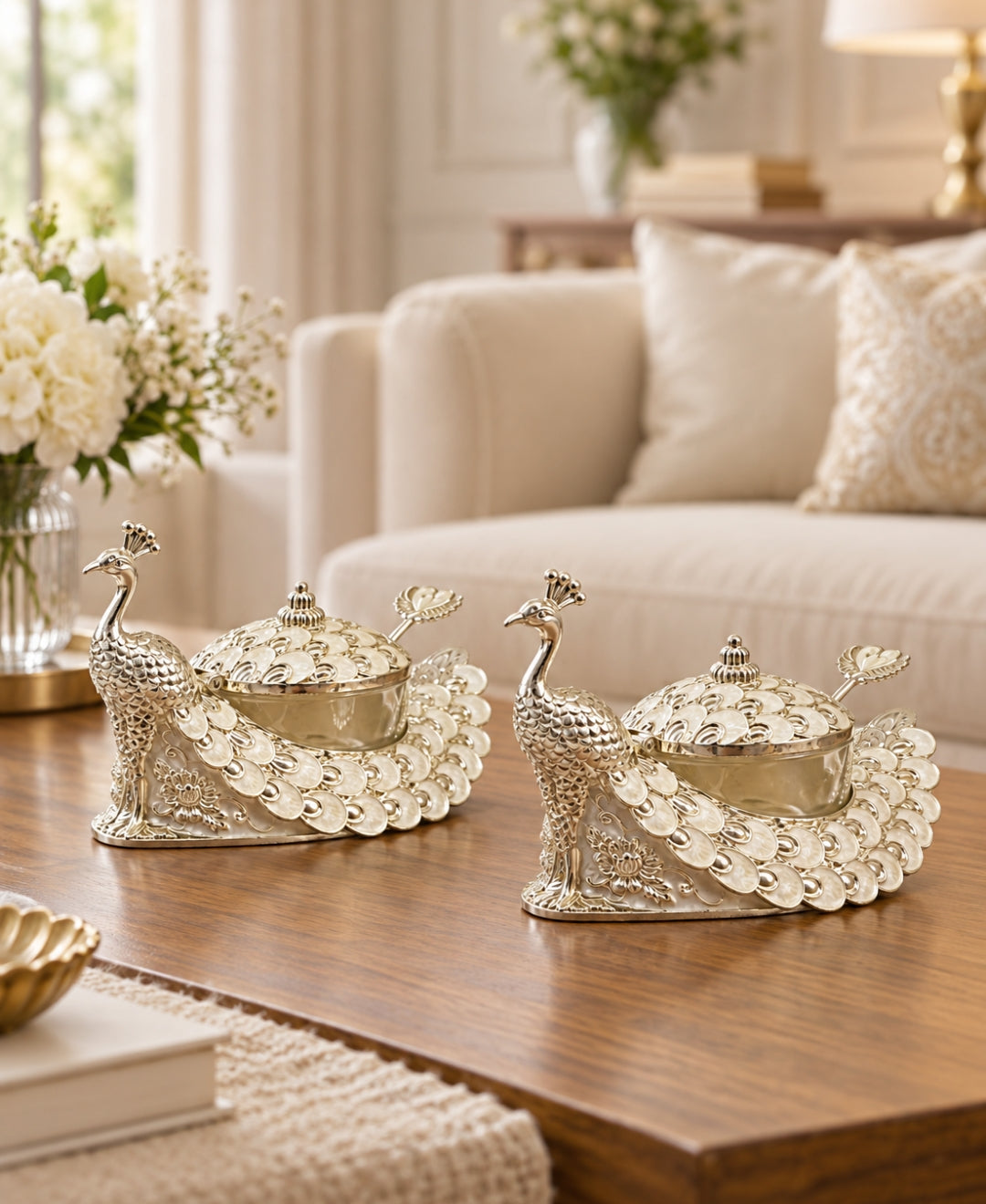 German Silver Peacock Bowl with Lid & Spoon – Pearl White Enamel