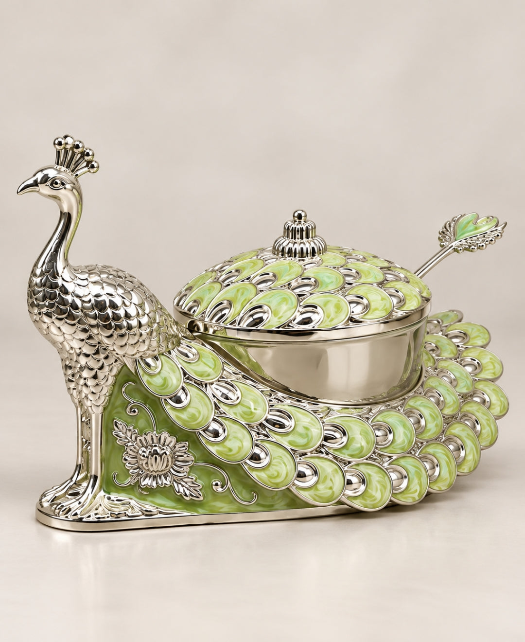 German Silver Peacock Bowl with Lid & Spoon – Mint Green Enamel