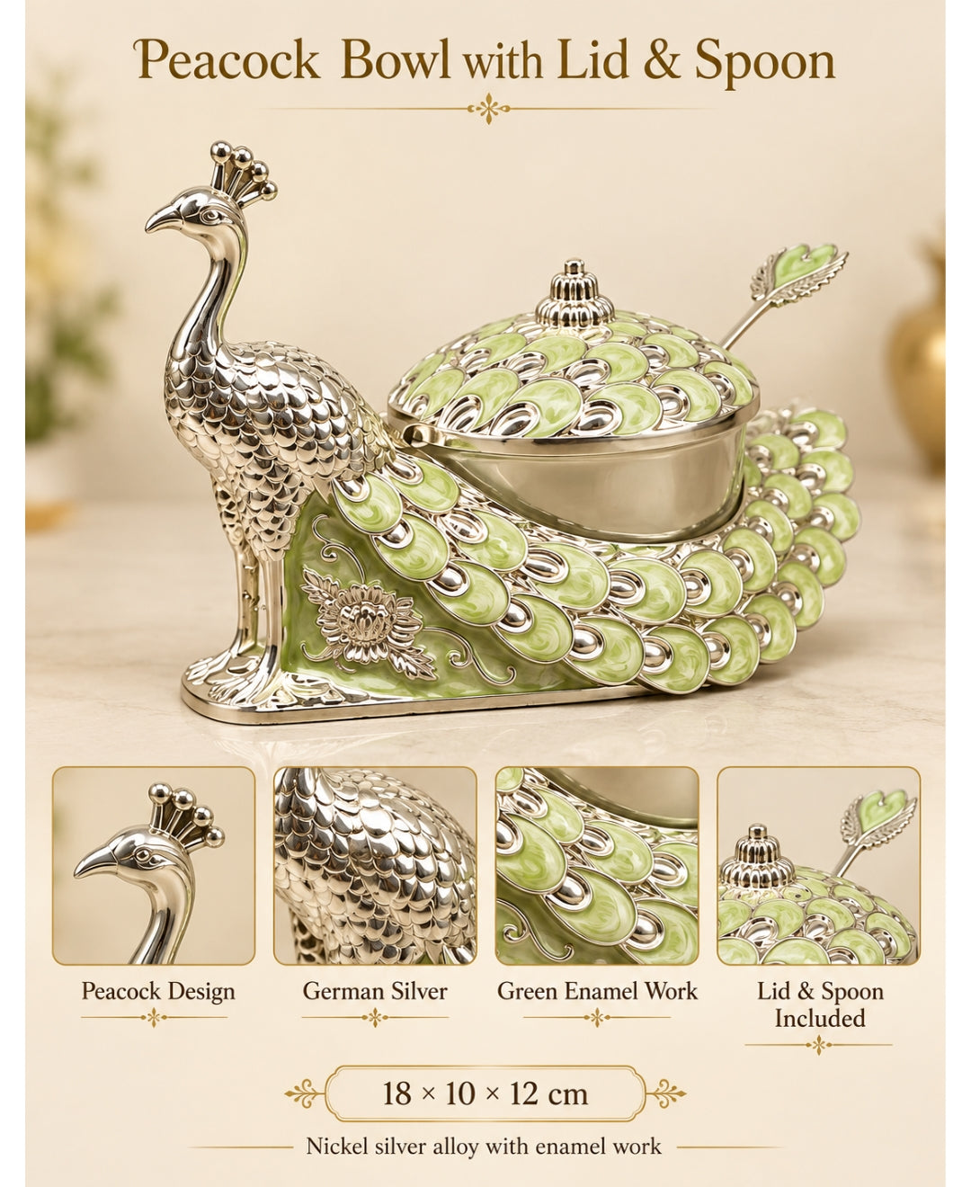 German Silver Peacock Bowl with Lid & Spoon – Mint Green Enamel