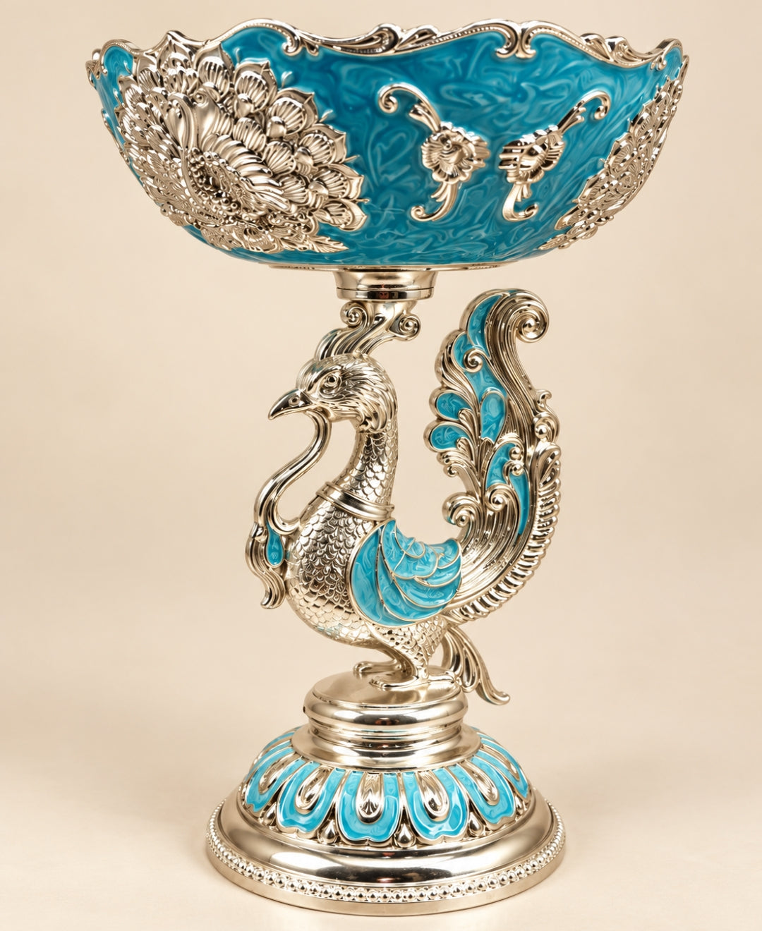 German Silver Peacock Pedestal Bowl – Sky Blue Enamel