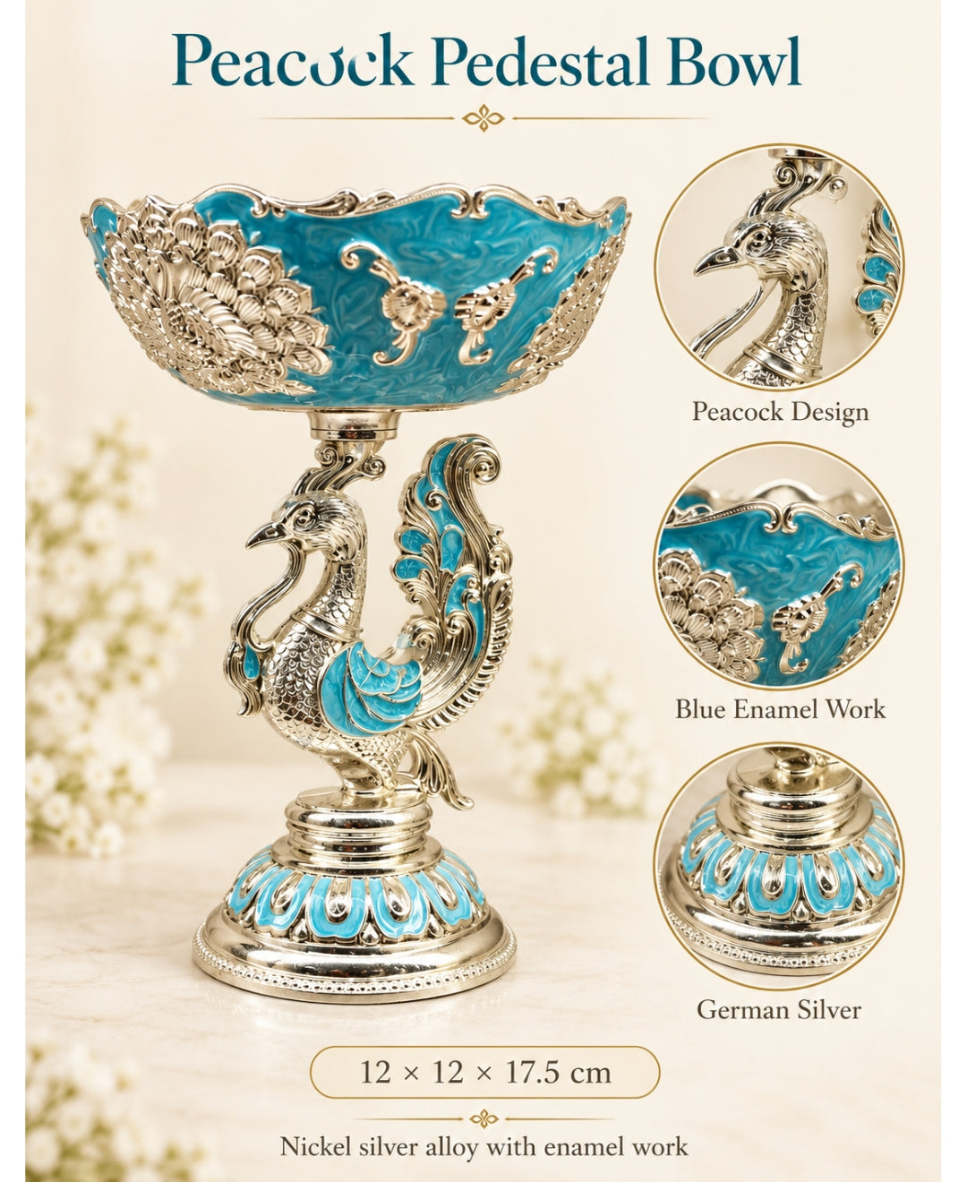 German Silver Peacock Pedestal Bowl – Sky Blue Enamel