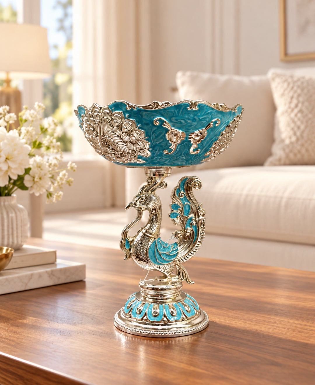 German Silver Peacock Pedestal Bowl – Sky Blue Enamel