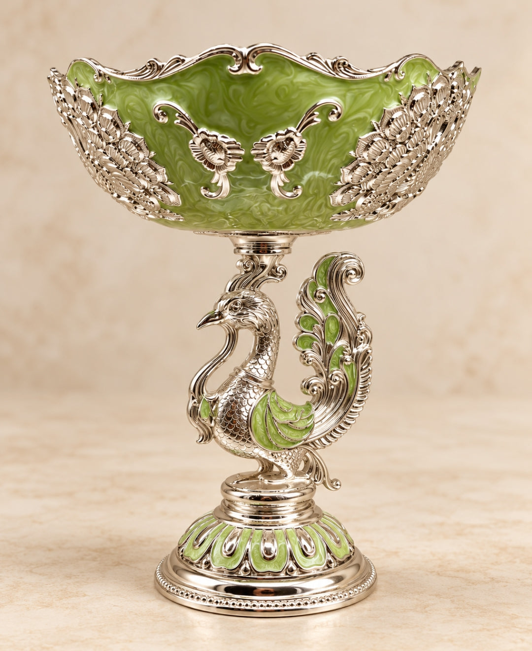 German Silver Peacock Pedestal Bowl – Mint Green Enamel