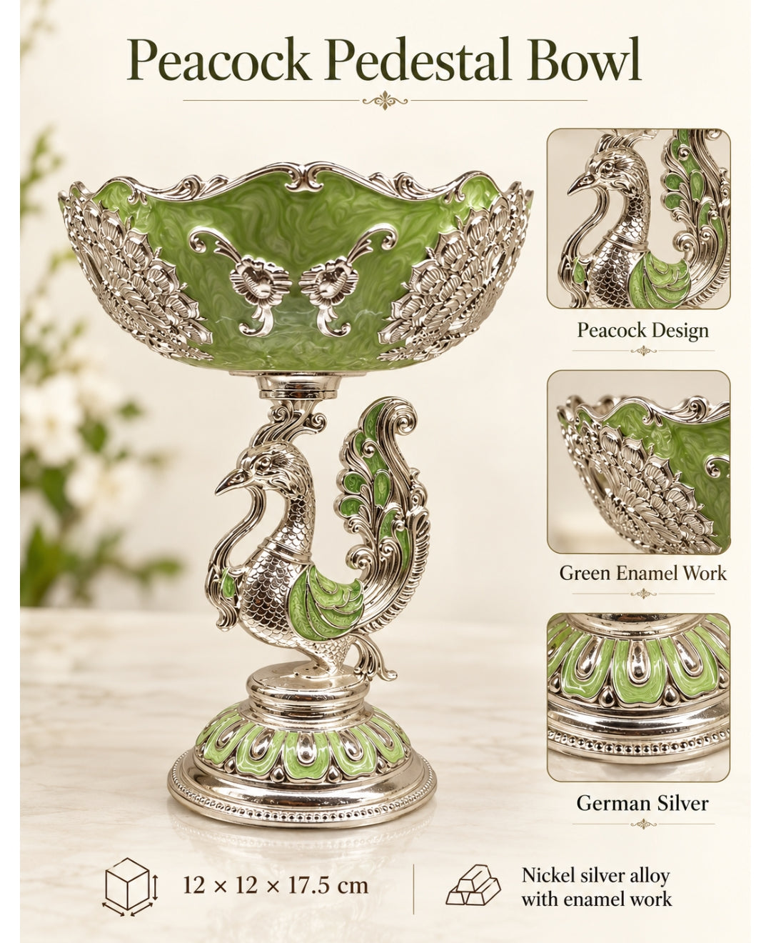 German Silver Peacock Pedestal Bowl – Mint Green Enamel