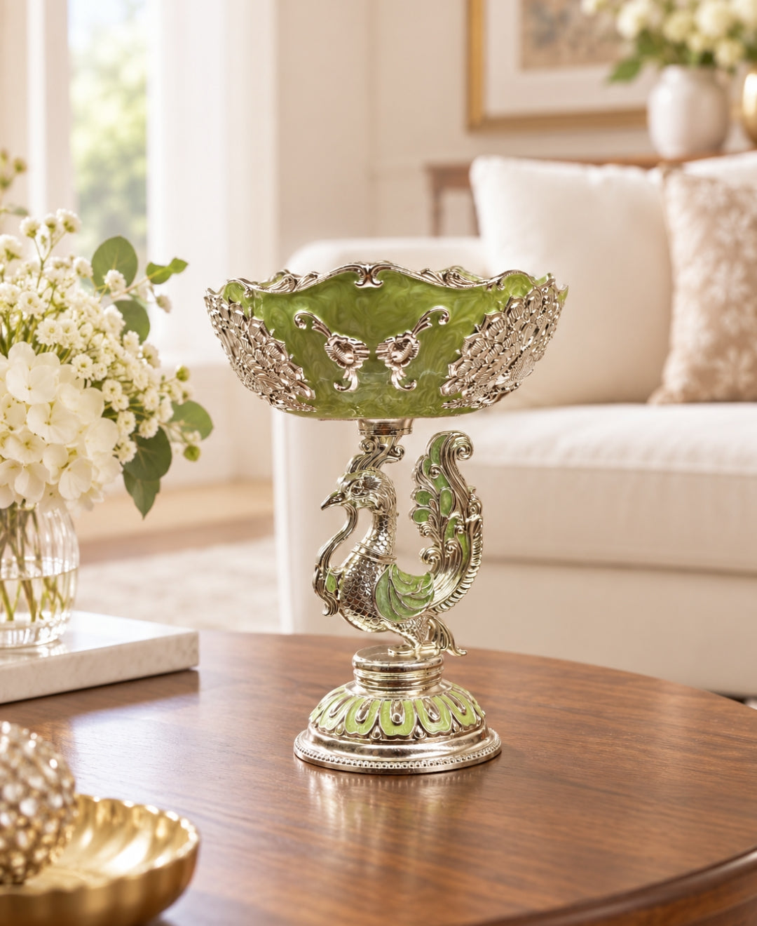 German Silver Peacock Pedestal Bowl – Mint Green Enamel