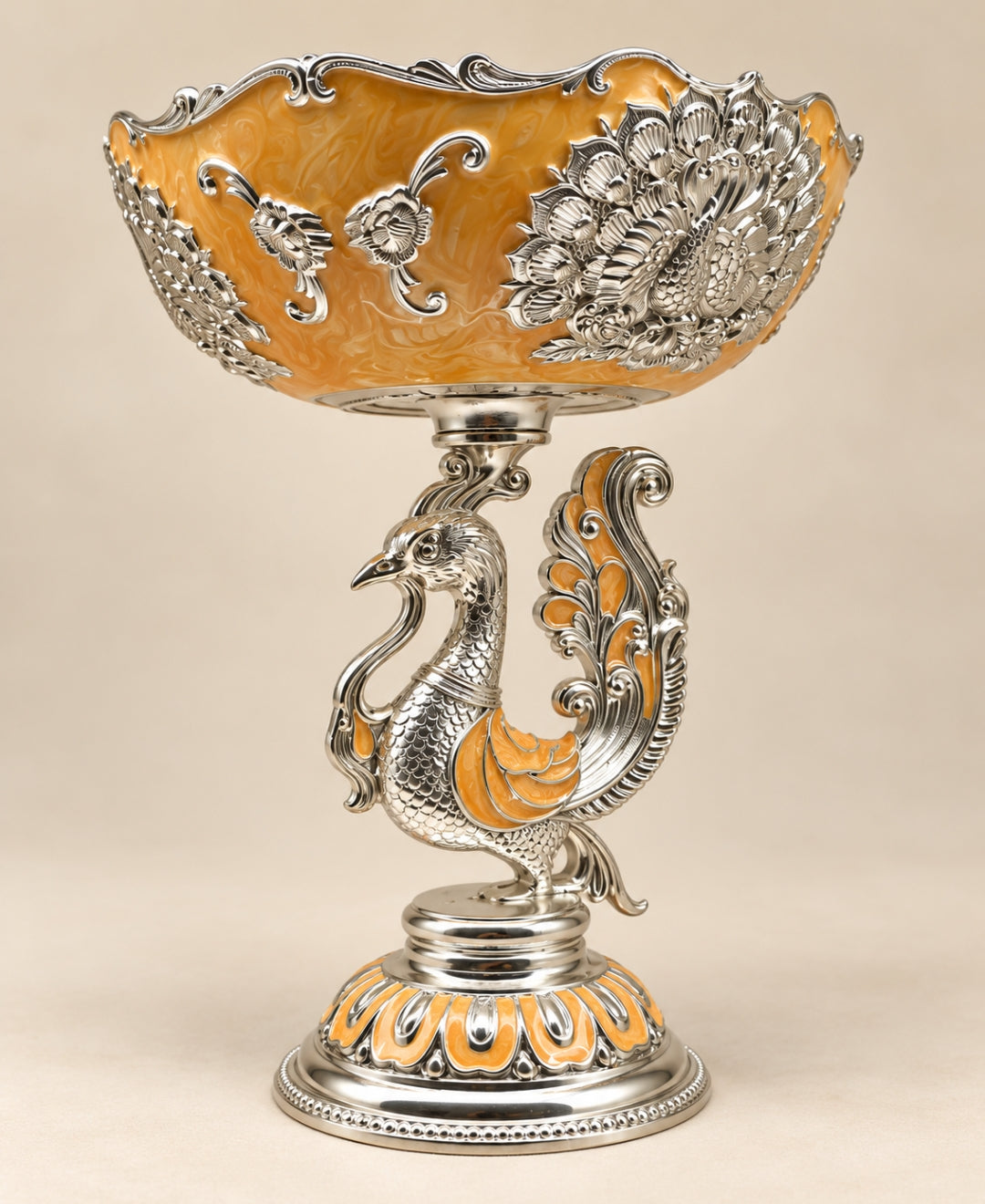 German Silver Peacock Pedestal Bowl – Saffron Orange Enamel
